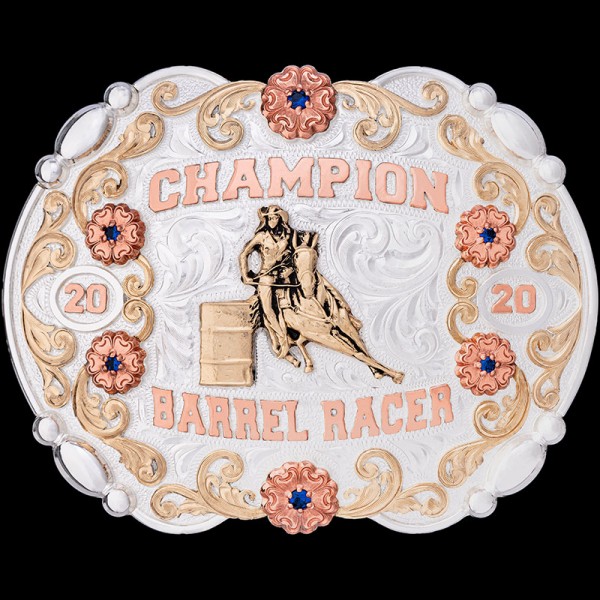 The Gold Landing Custom Belt Buckle  features a fancy bead frame with bronze scrollwork, copper flowers and lettering. Customize this beautiful silver buckle for your rodeo event today!